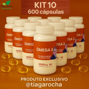 Kit10 potes ômega3 Tiago Rocha DHA(0.200mg) /EPA(0400mg) Original águas profundas e geladas1000 mg com 600 cápsulas