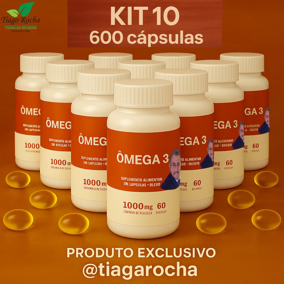Kit10 potes ômega3 Tiago Rocha DHA(0.200mg) /EPA(0400mg) Original águas profundas e geladas1000 mg com 600 cápsulas