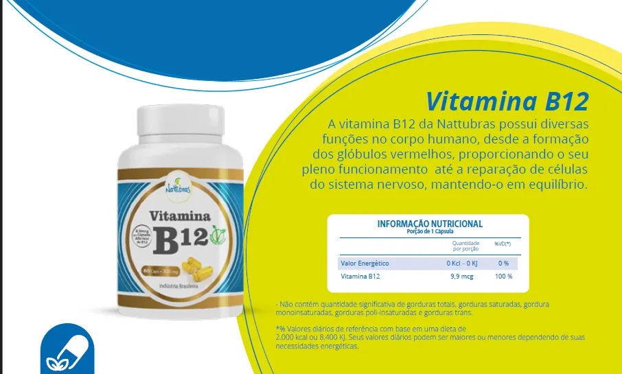 Vitamina B12 Nattubras 60 Cápsulas 300mg Vegano Sem Glúten - Imagem 3