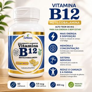 Vitamina B12 Nattubras 60 Cápsulas 300mg Vegano Sem Glúten