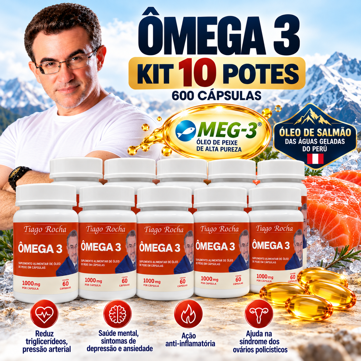 Kit10 potes ômega3 Tiago Rocha 600 cápsulas Origina