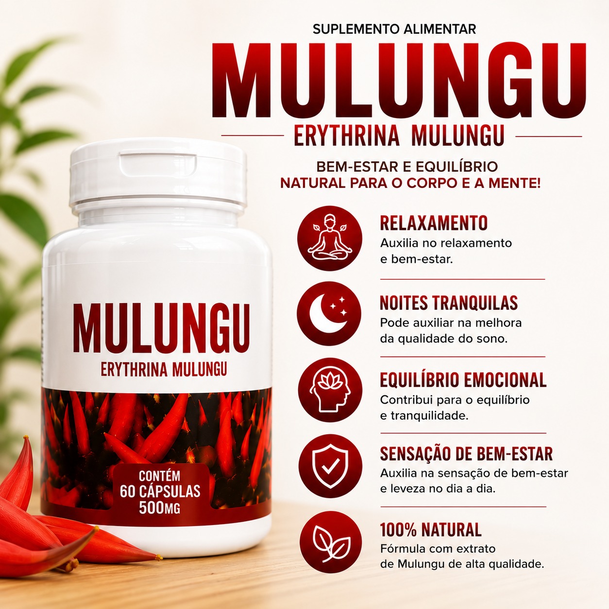 Calmante MULUNGU 60 Cápsulas 500mg