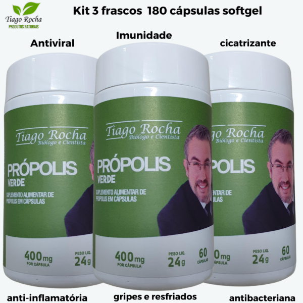 KiT3 Própolis Verde Tiago Rocha 180 Cápsulas Softgel