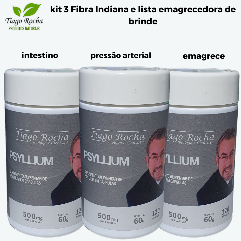KiT3 potes Emagrecedor Psyllium Tiago Rocha 360 cápsulas