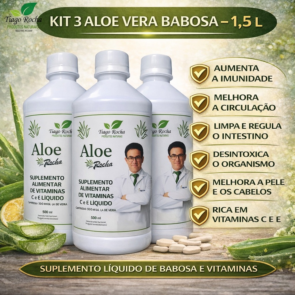 Kit3 Sucos Babosa Aloe Vera Gel Tiago Rocha 1.5 litros