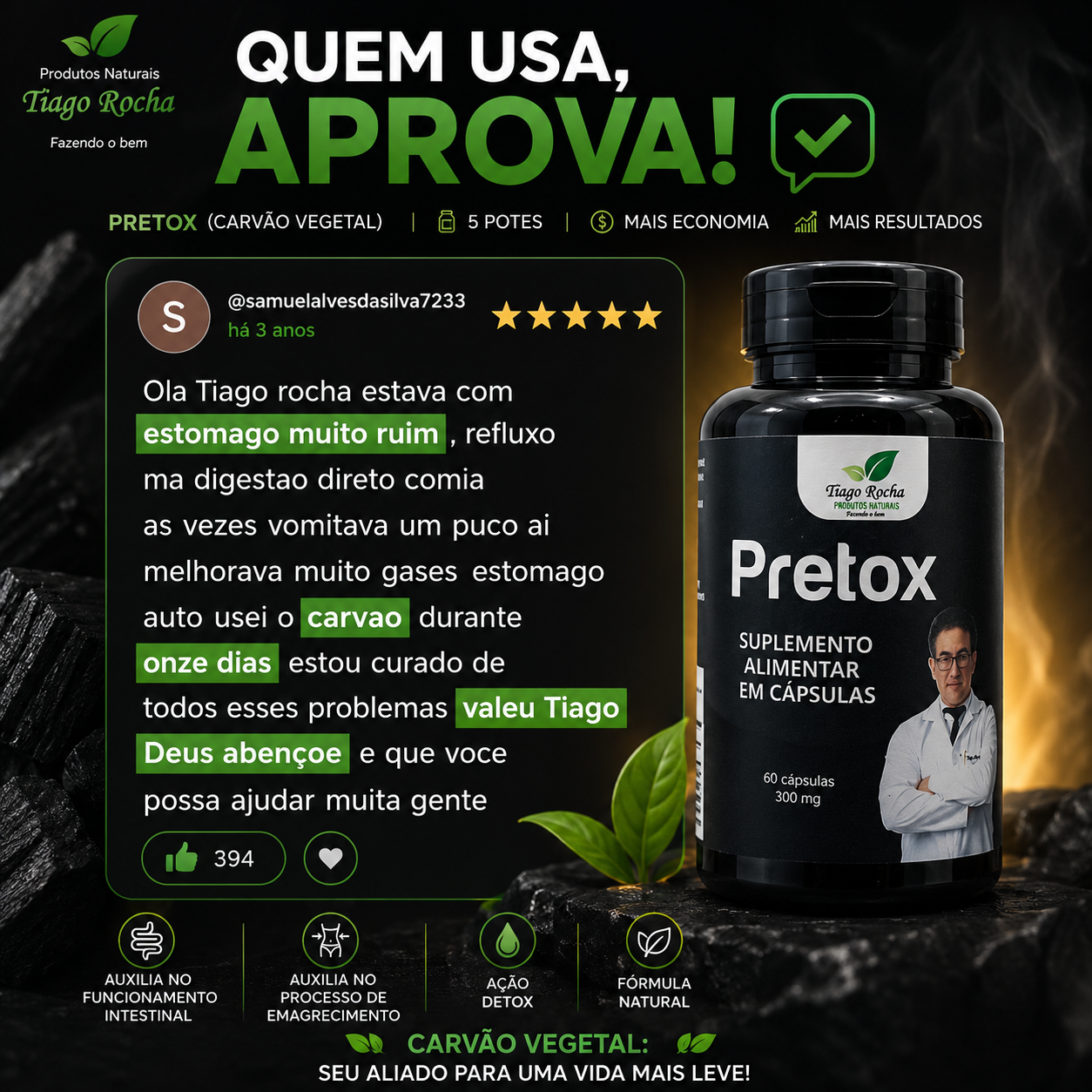 Kit3 Pretóx Carvão Vegetal ativado Tiago Rocha 180 Caps - Imagem 2