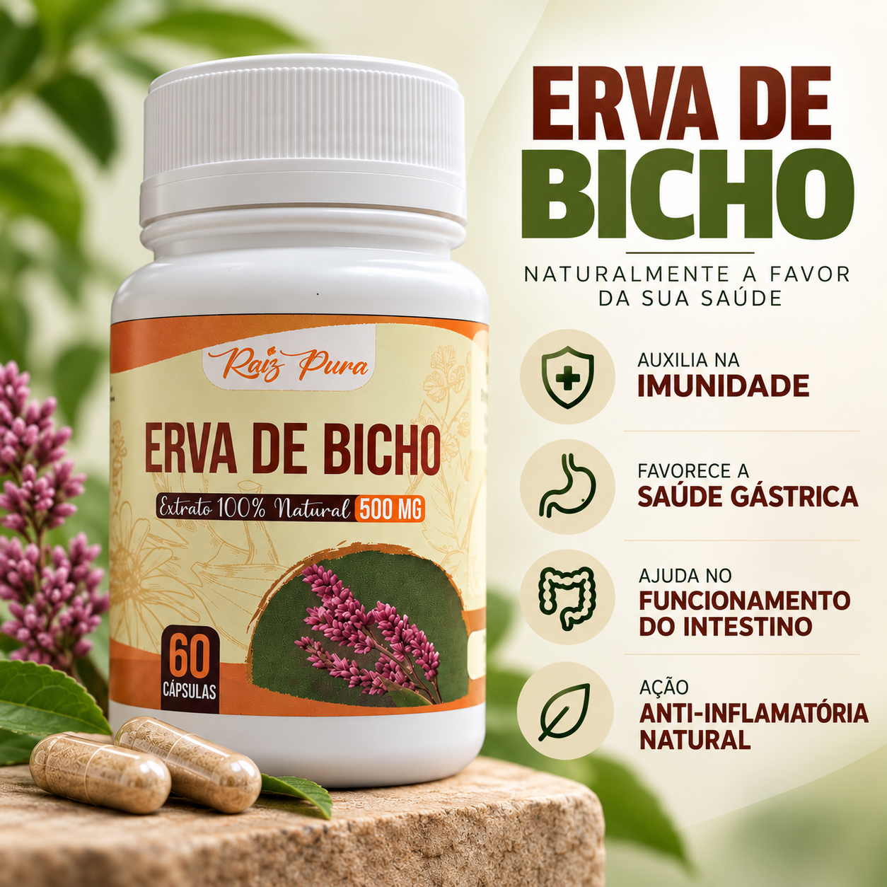 Erva de Bicho 500mg 60 cáps. - Circulação e Hemorroidas