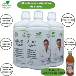 Kit3L Suco Gel Babosa Aloe Vera Tiago Rocha 3Litros e brinde vinagre de maça