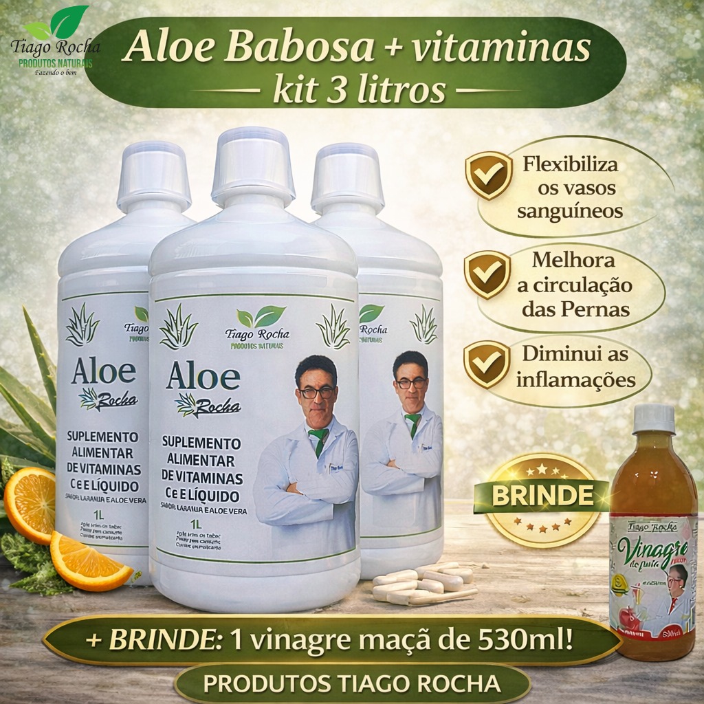 Kit3L Suco Gel Babosa Aloe Vera Tiago Rocha 3Litros e brinde