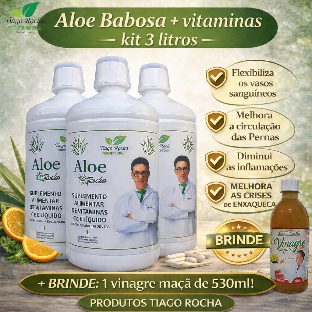 Kit3L Suco Gel Babosa Aloe Vera Tiago Rocha 3Litros e brinde