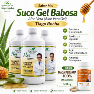 Kit3L Suco Gel Babosa Aloe Vera Tiago Rocha com Mel 3Litros e brinde