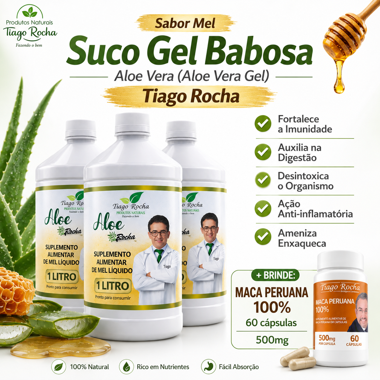 Kit3L Suco Gel Babosa Aloe Vera Tiago Rocha com Mel 3Litros e brinde