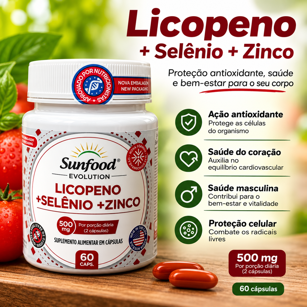Licopeno De Tomate Selênio + Zinco 500mg 60 Cáps Sunfood