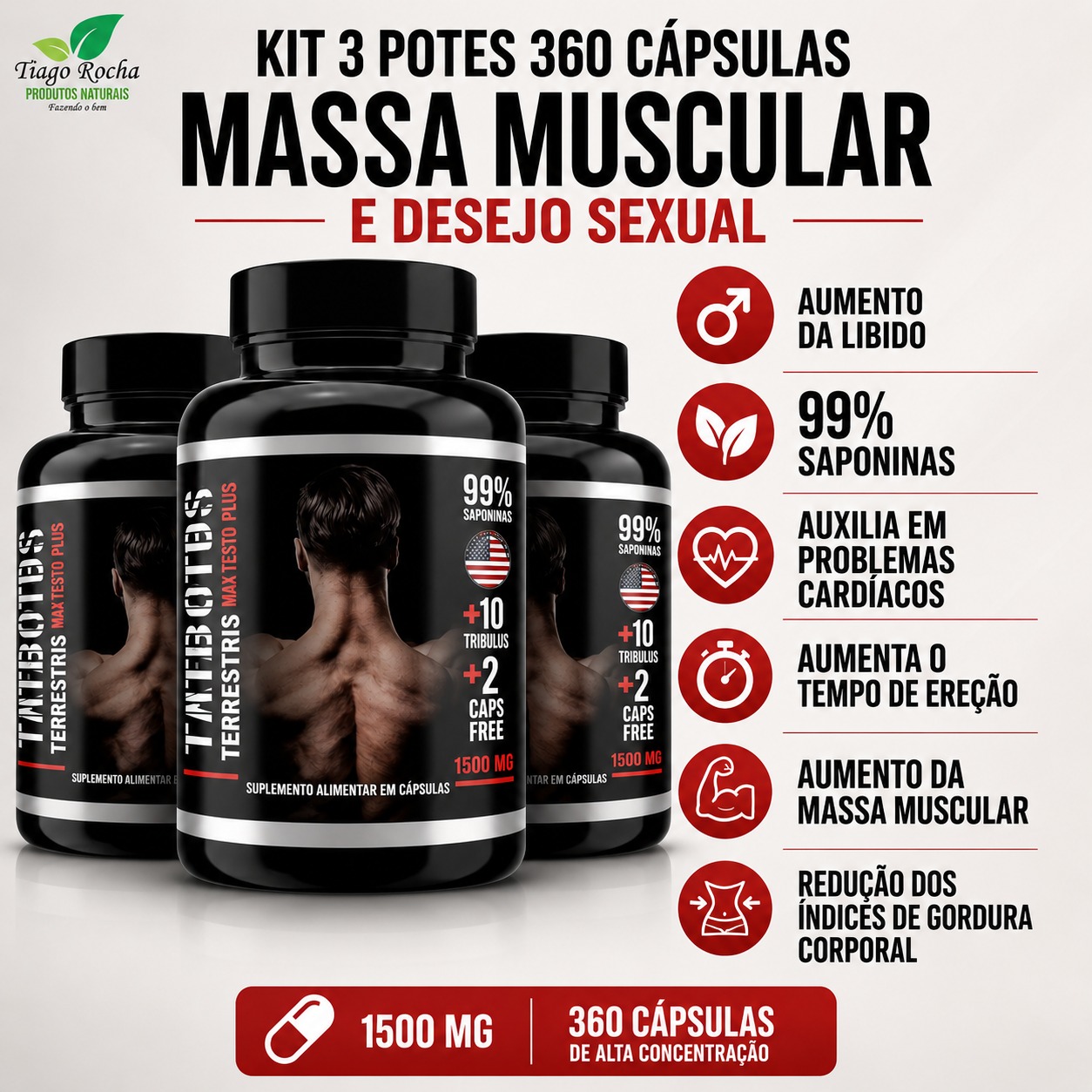 99% Saponinas Kit 3potes Tribulus Terrestris 360 Cáps massa muscular e sexo
