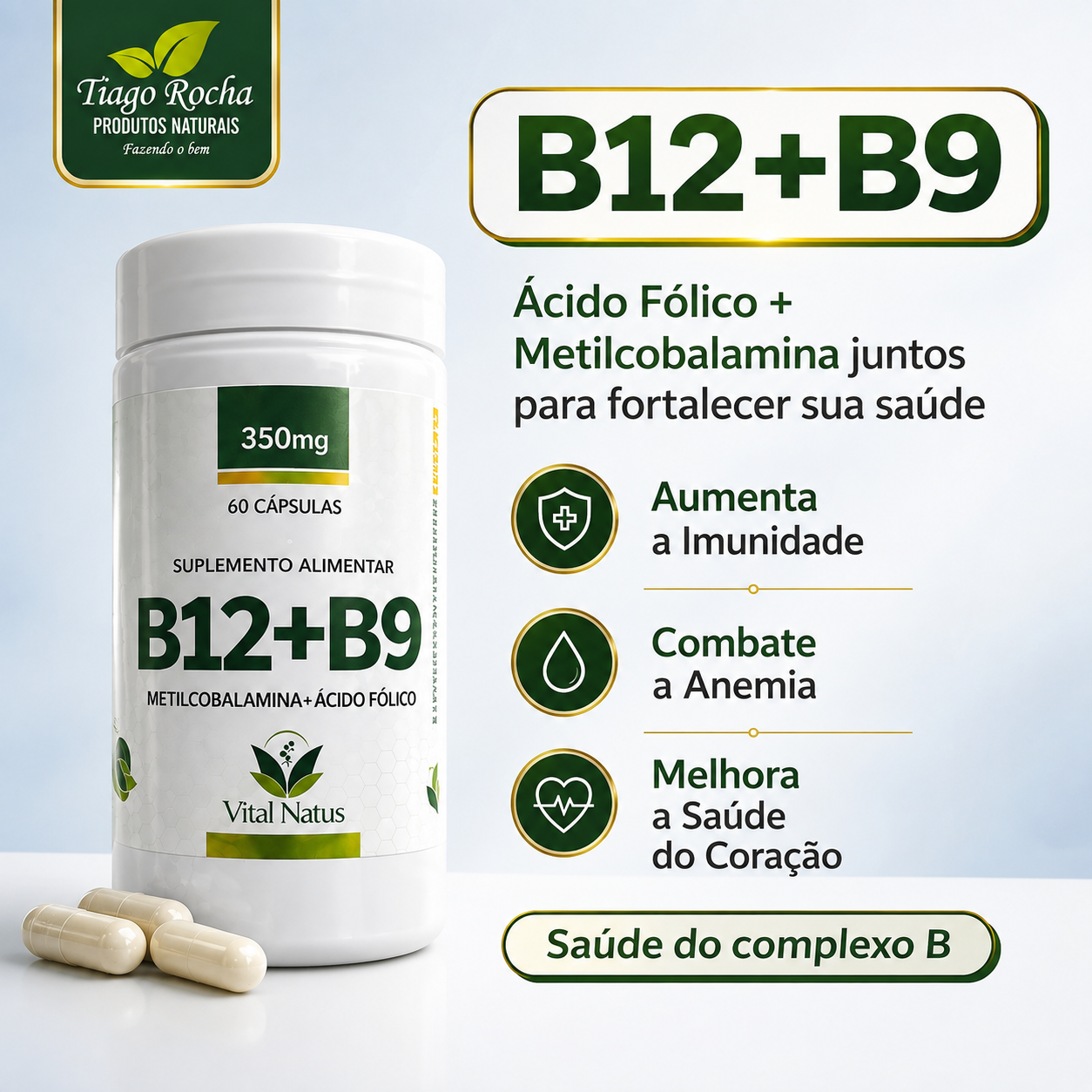B12 + B9 Metilcobalamina e Ácido Fólico 350mg 60 cáps.
