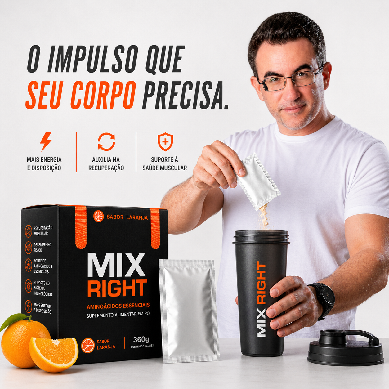 Mix Right- Aminoácidos Essenciais Sabor Laranja 30 sachês 12g