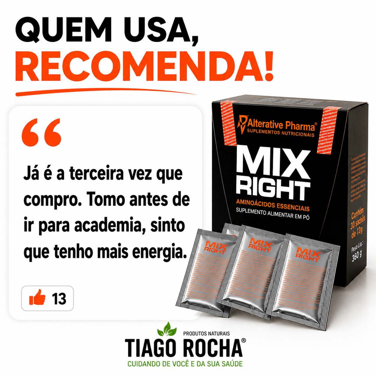 Mix Right- Aminoácidos Essenciais Sabor Laranja 30 sachês 12g - Imagem 3