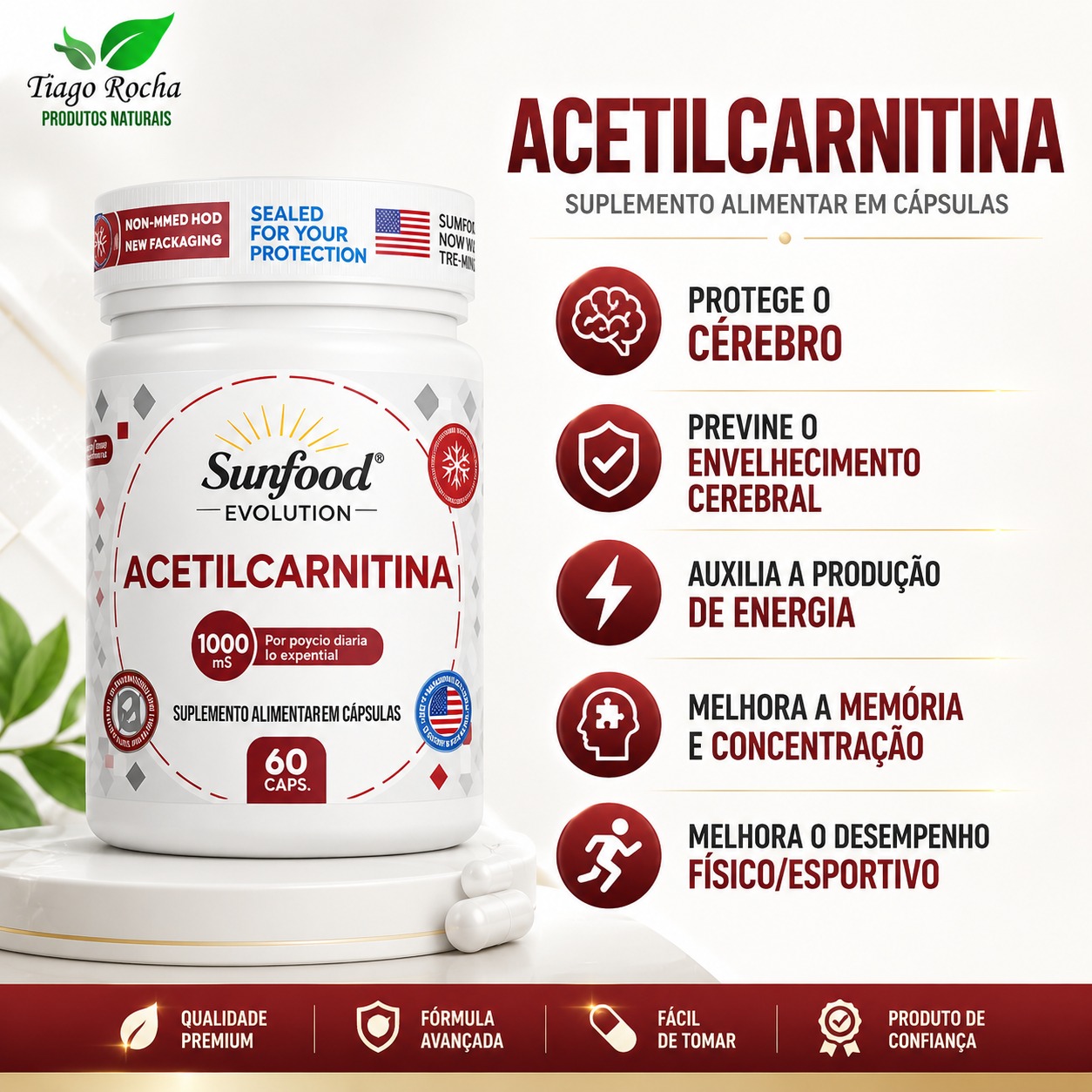 Ativador cerebral Acetilcarnitina 1000mg SF
