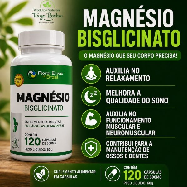 Magnesio Rocha Magnésio Bisglicinato 120 Cápsulas 600mg - Produtos Naturais Tiago Rocha