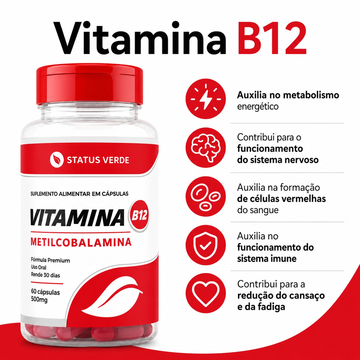 Vitamina B12 Metilcobalamina 500mg 60 cáps. - Status Verde