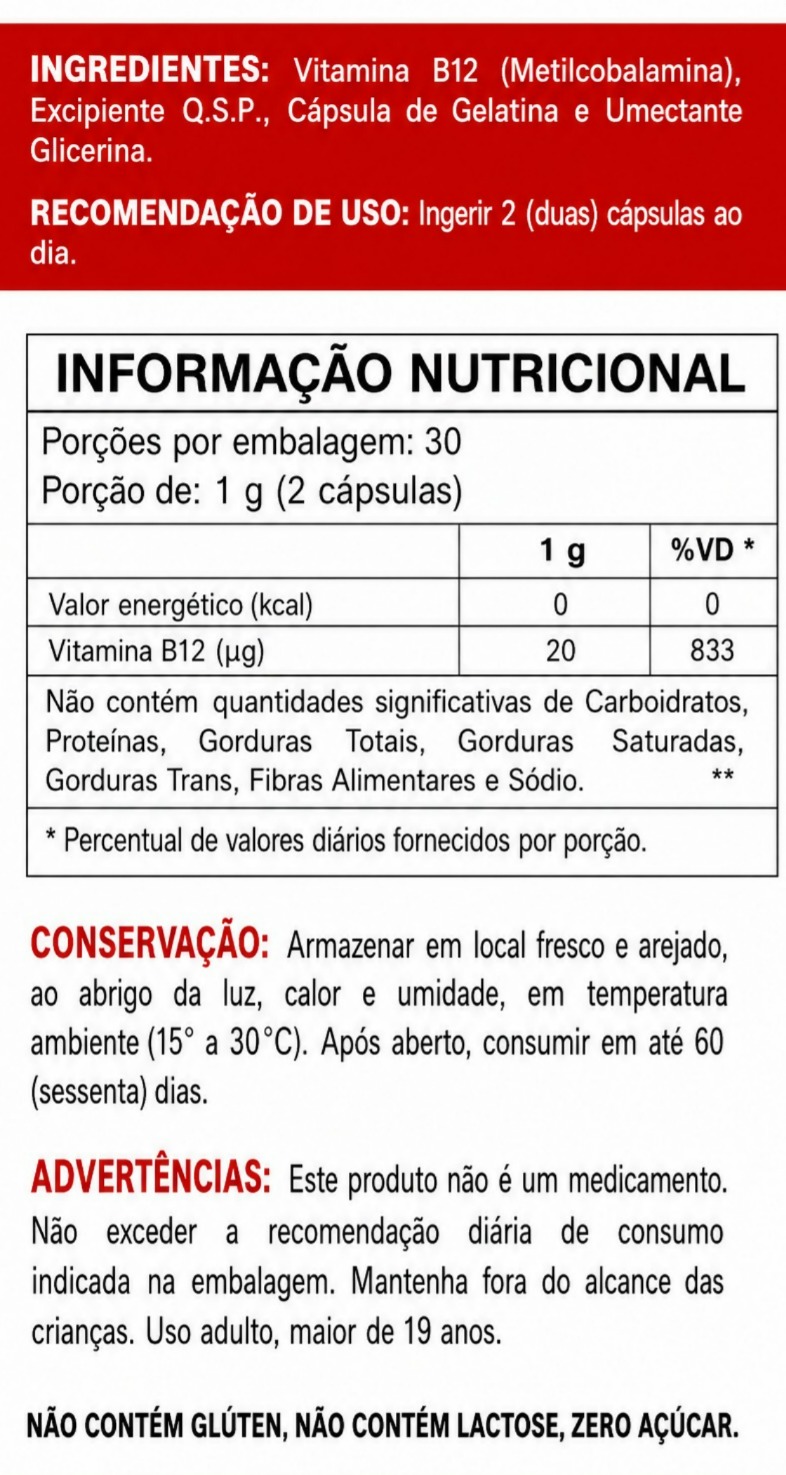 Vitamina B12 Metilcobalamina 500mg 60 cáps. - Status Verde - Imagem 2