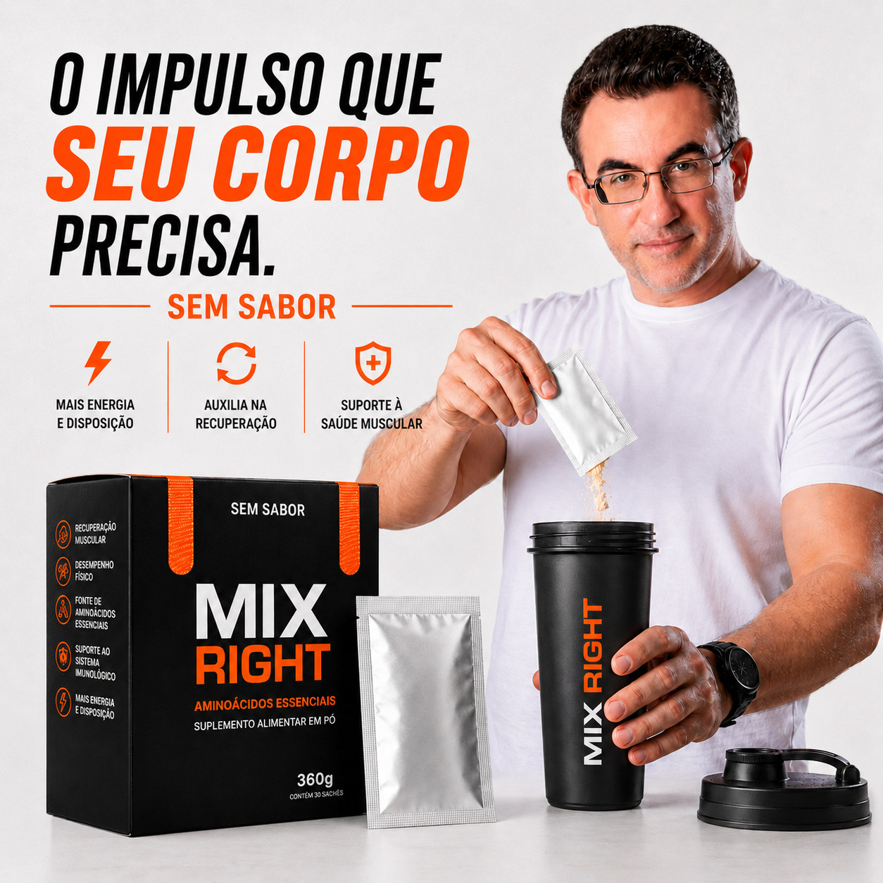Mix Right- Aminoácidos Essenciais Sem Sabor 30 sachês 10g