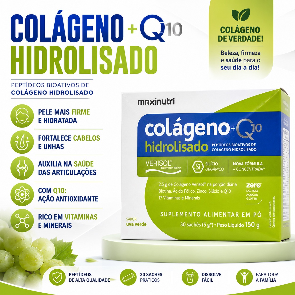 Colágeno Hidrolisado Verisol 150g com 30 saches - Sabor Uva Verde