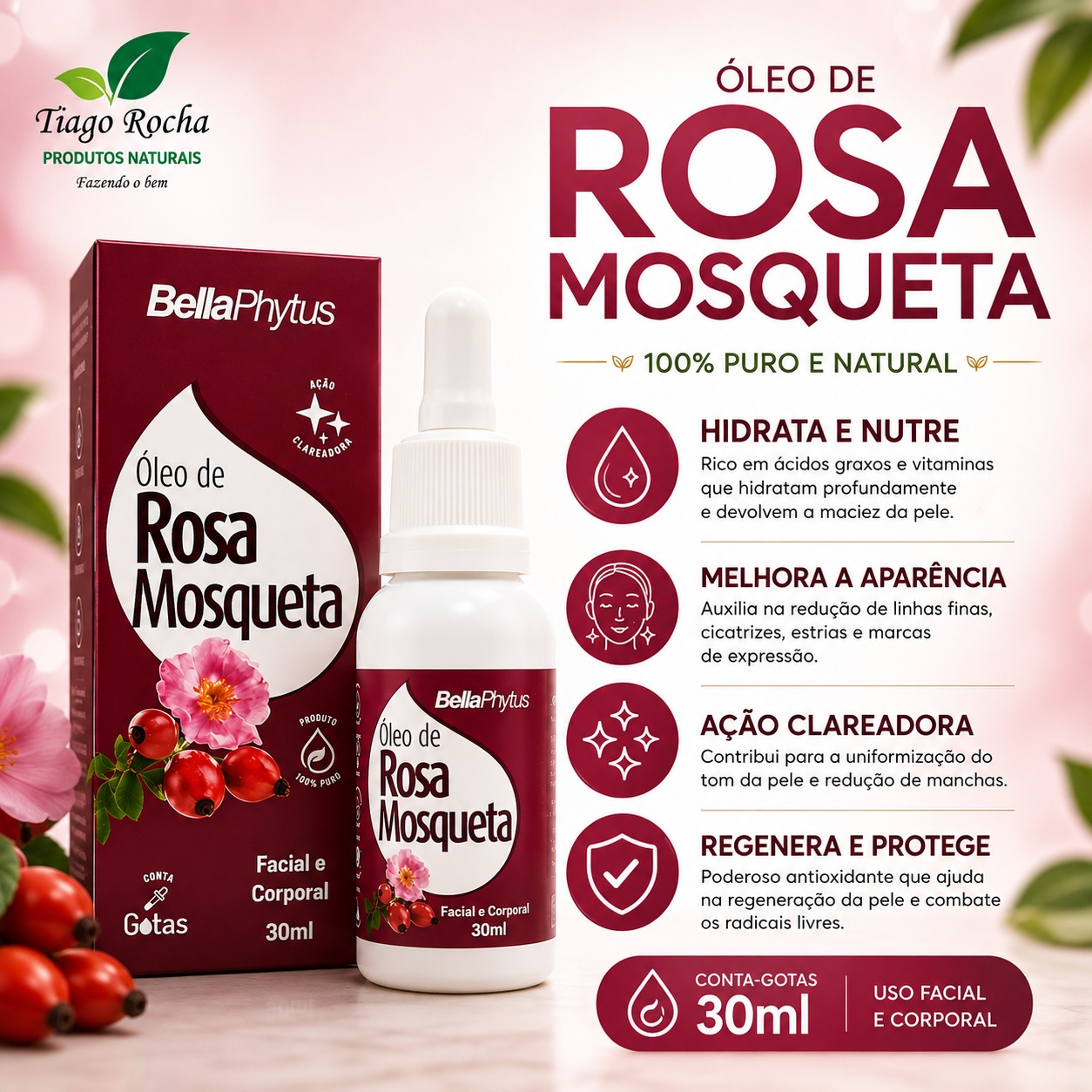 Óleo de Rosa Mosqueta gotas Prensado a Frio 100% puro 30ml