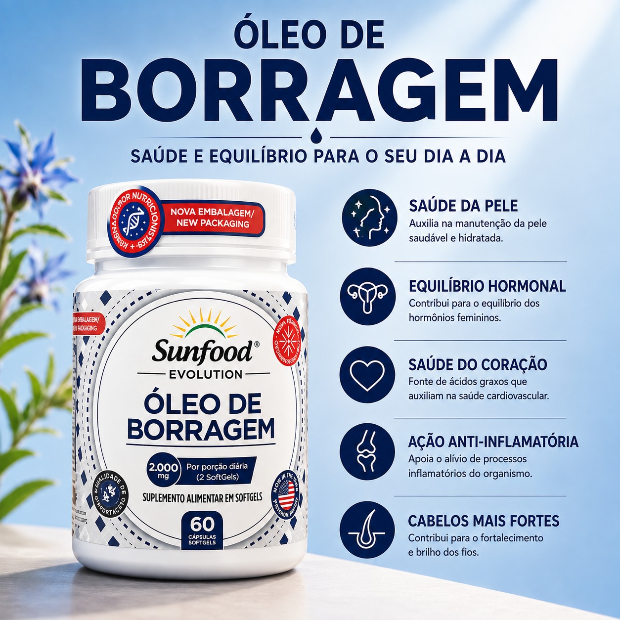 Óleo de Borragem 2.000 mg 60 Softgels
