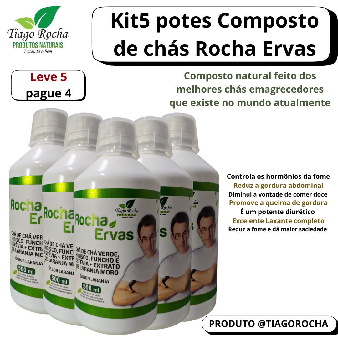 Kit5 potes Emagrecedor Composto Rocha Ervas 500ml nova fórmula Lançamento leve 5 pague 4